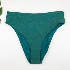 Andie Swim Bikini Bottom High Waist Rise Teal Green Metallic Gold Women's L